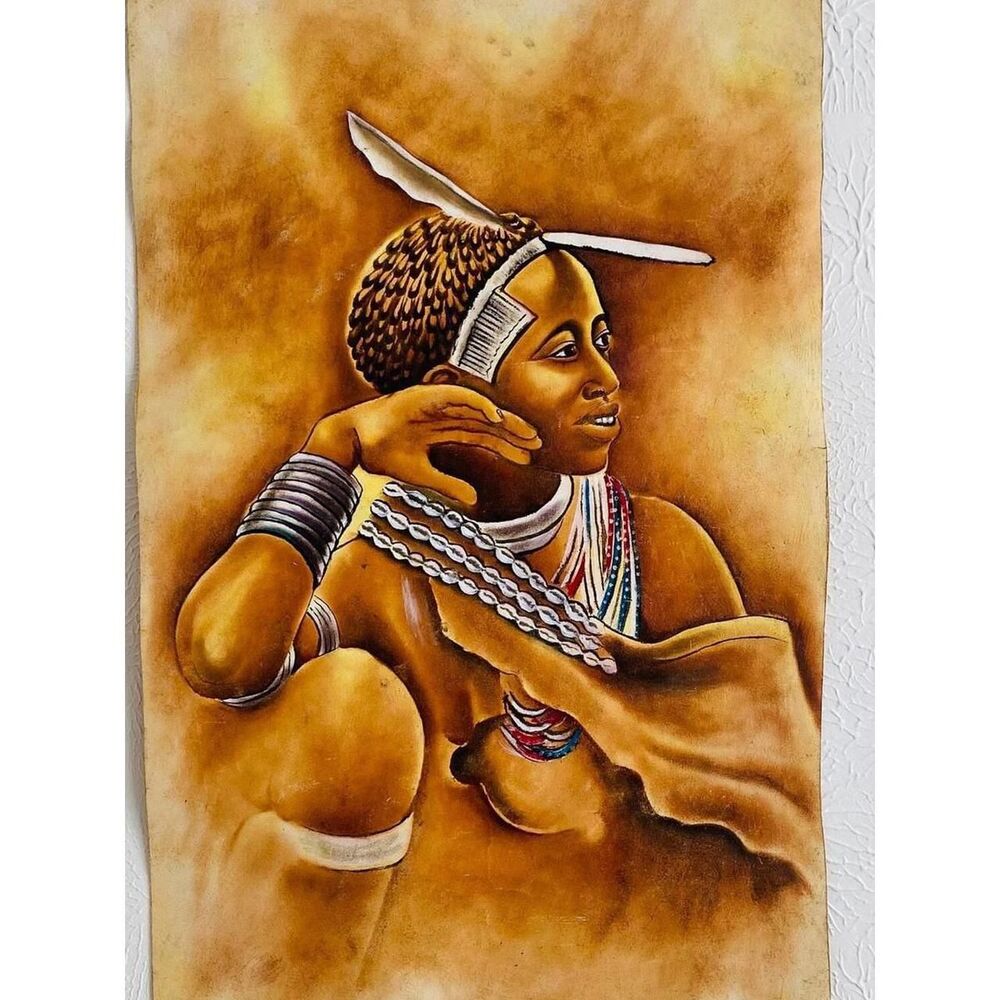 African painting art on raw leather original wall hanging young woman portrait
